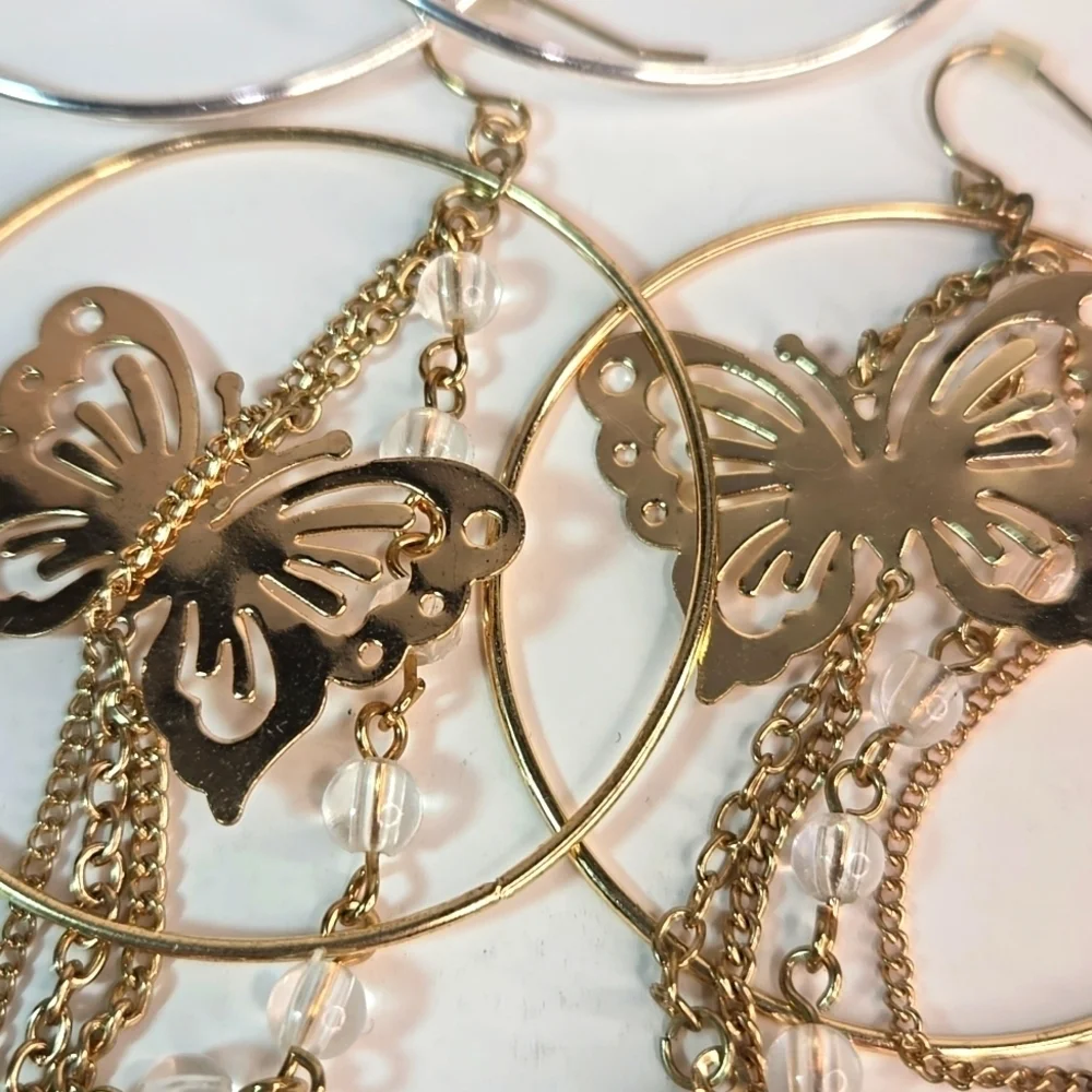 3 Sets Boho Lge Hoop Earrings Elegant Gold Silver MOP Hearts Butterfly Crystals